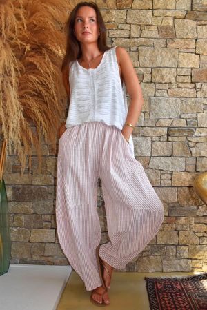 Sundaze Cheesecloth Chalk Stripe Classic Barrel Pant Rose